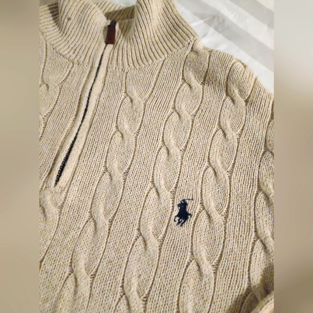 Polo  Ralph Lauren Men's Cotton Beige Quarter Zip Cable Knit Sweater XL